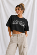 Skeleton Hands Snow Washed Raw Edge Crop Top