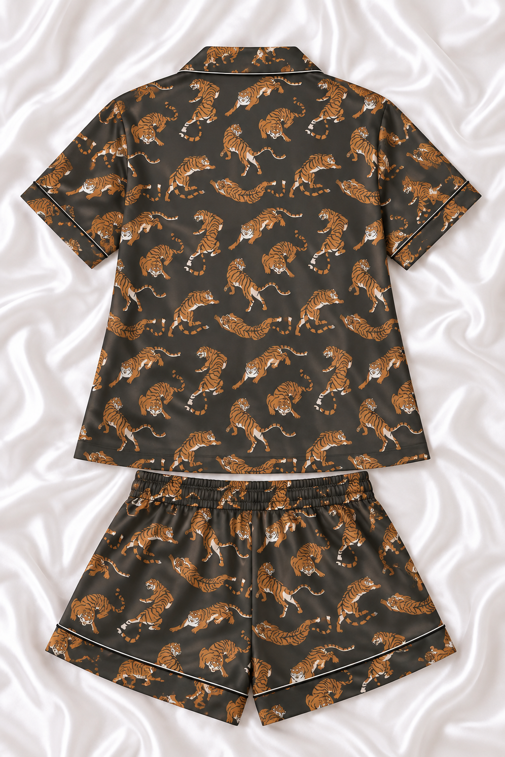 Tiger Print Satin Pajama Set – Women’s Short Sleeve Sleepwear