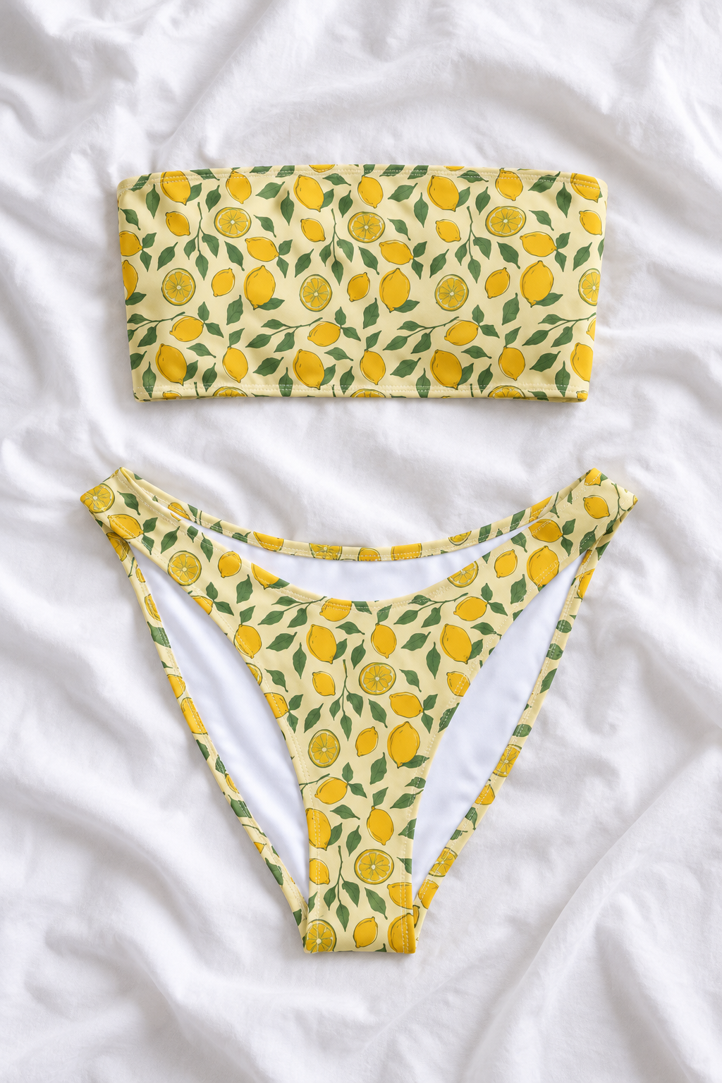 Lemon Grove Bandeau Bikini Set | Yellow Lemon Print V-Cut Bikini Bottoms | Italian Summer Two-Piece Swimsuit