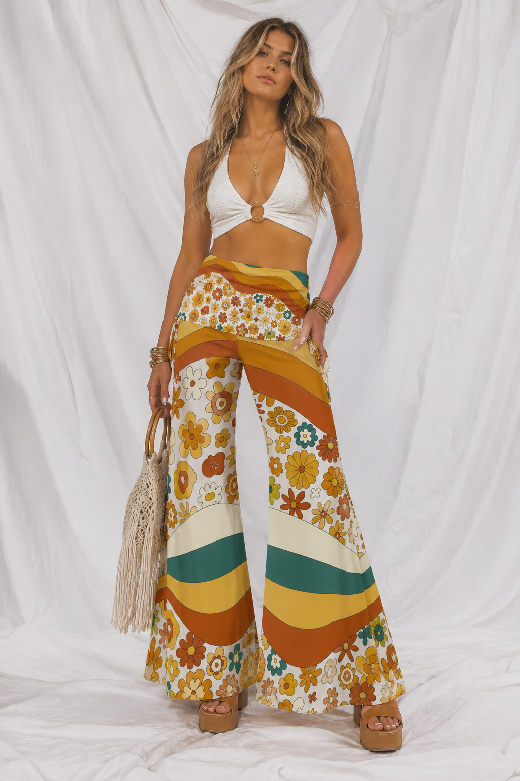 Retro Floral Wide Leg Pants | Women's 70s Boho Lounge Pants