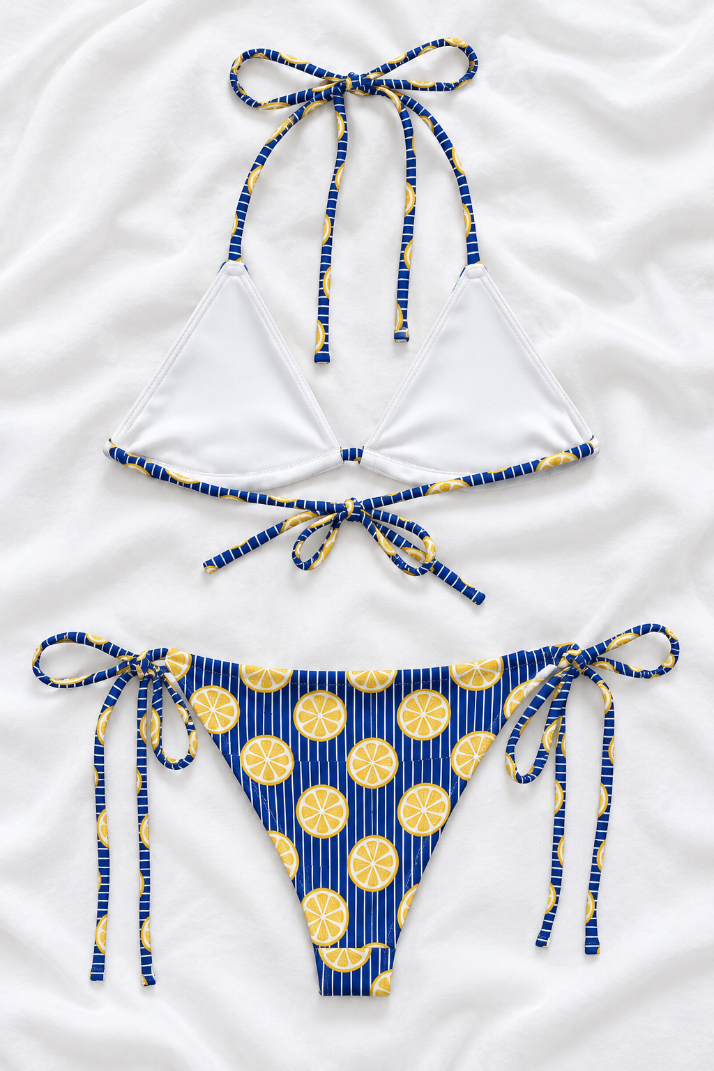 Amalfi Lemon String Bikini Set | Blue Striped Citrus Print Two-Piece Swimsuit | Italian Summer Swimwear