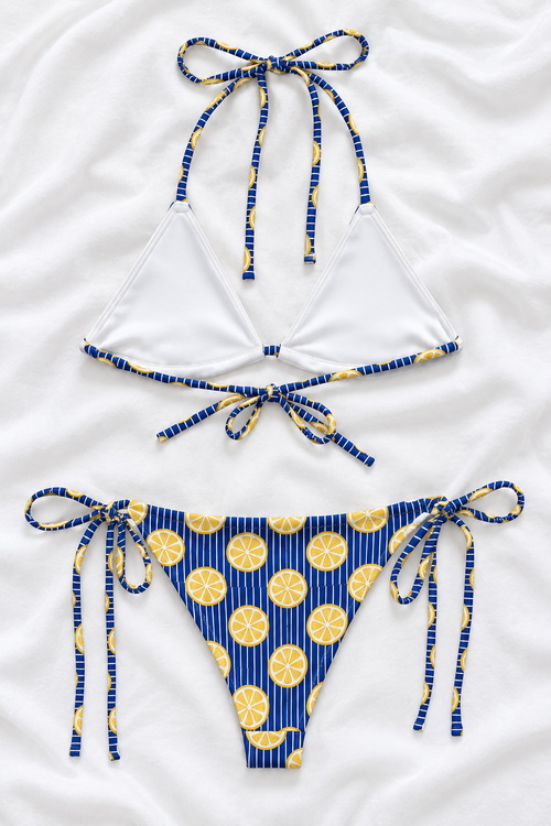 Amalfi Lemon String Bikini Set | Blue Striped Citrus Print Two-Piece Swimsuit | Italian Summer Swimwear