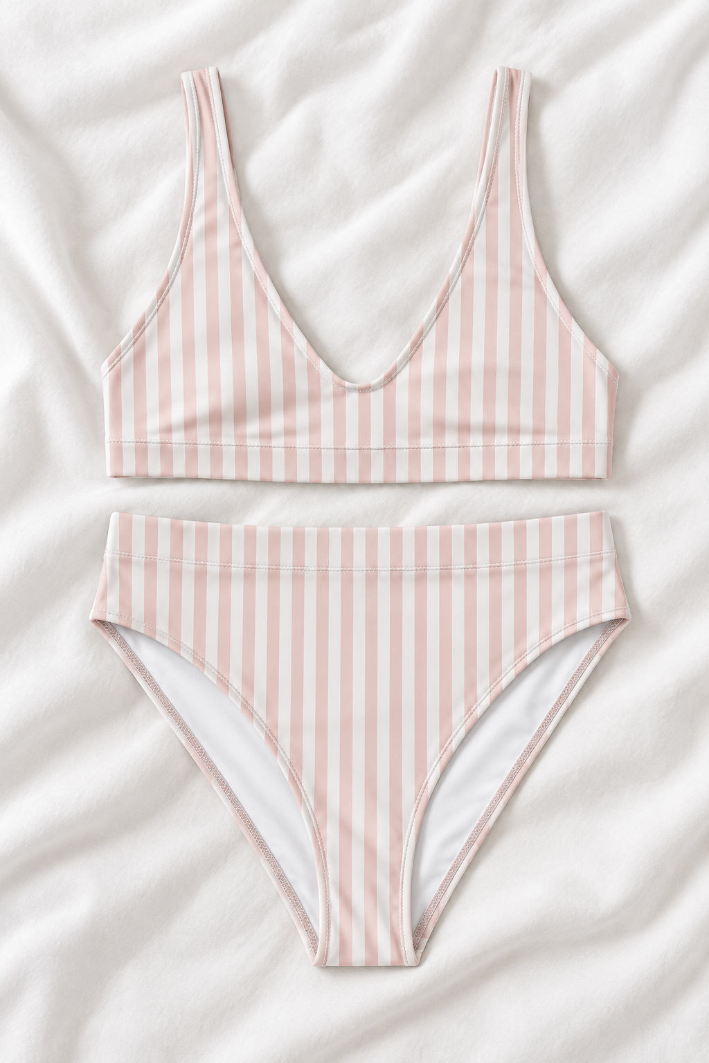 Blush Pink & White Striped High Waisted Bikini Set | Two Piece Swimsuit
