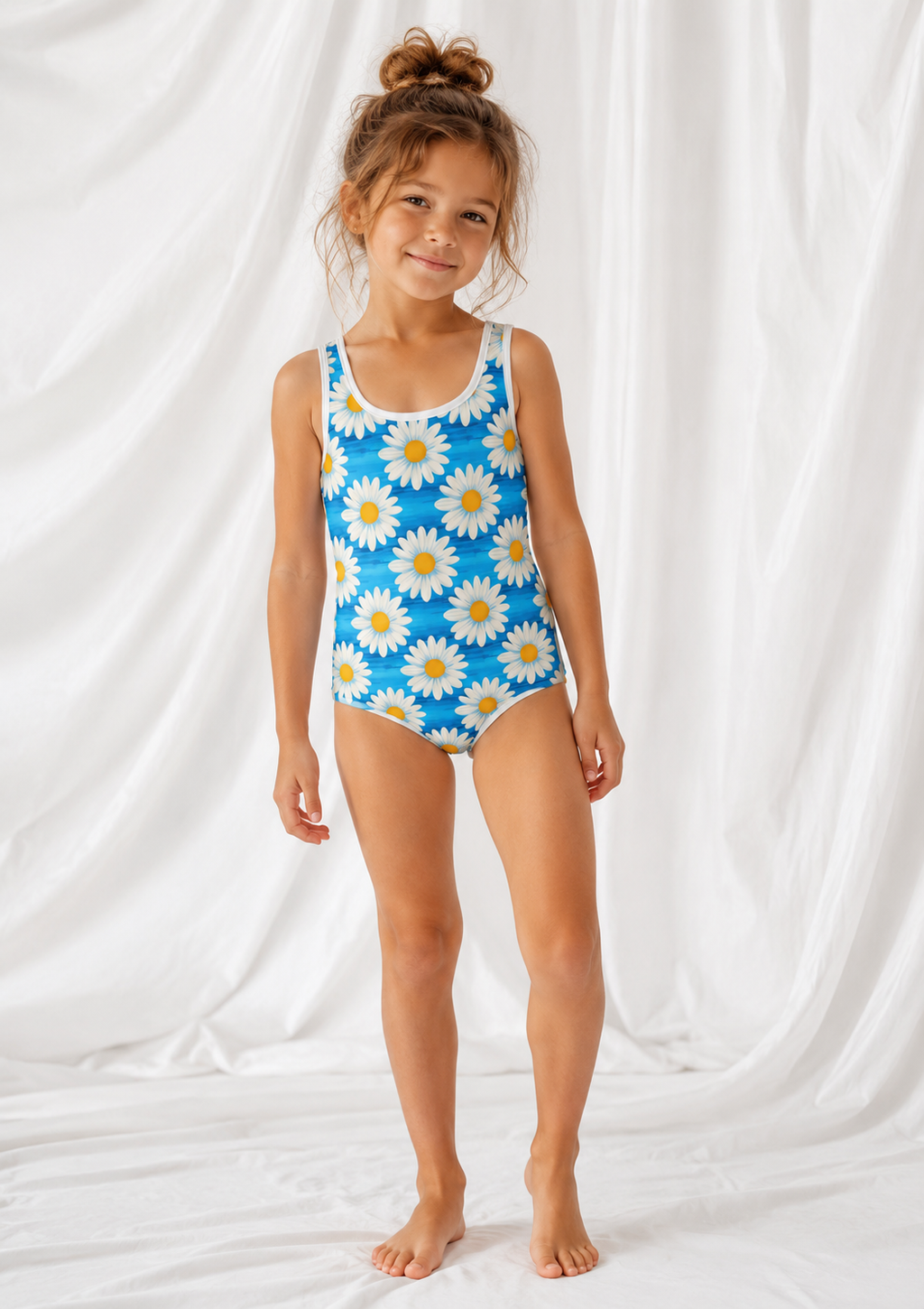 Little Kids Blue Daisy One Piece Swimsuit | Floral Summer Bathing Suit