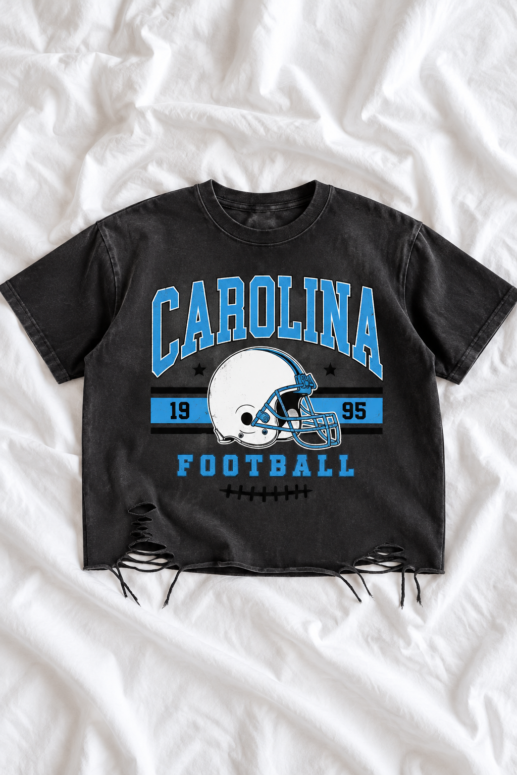 Vintage Carolina Football Distressed T-Shirt | Snow Washed Raw Hem Graphic Tee | Blue & Black Game Day Shirt