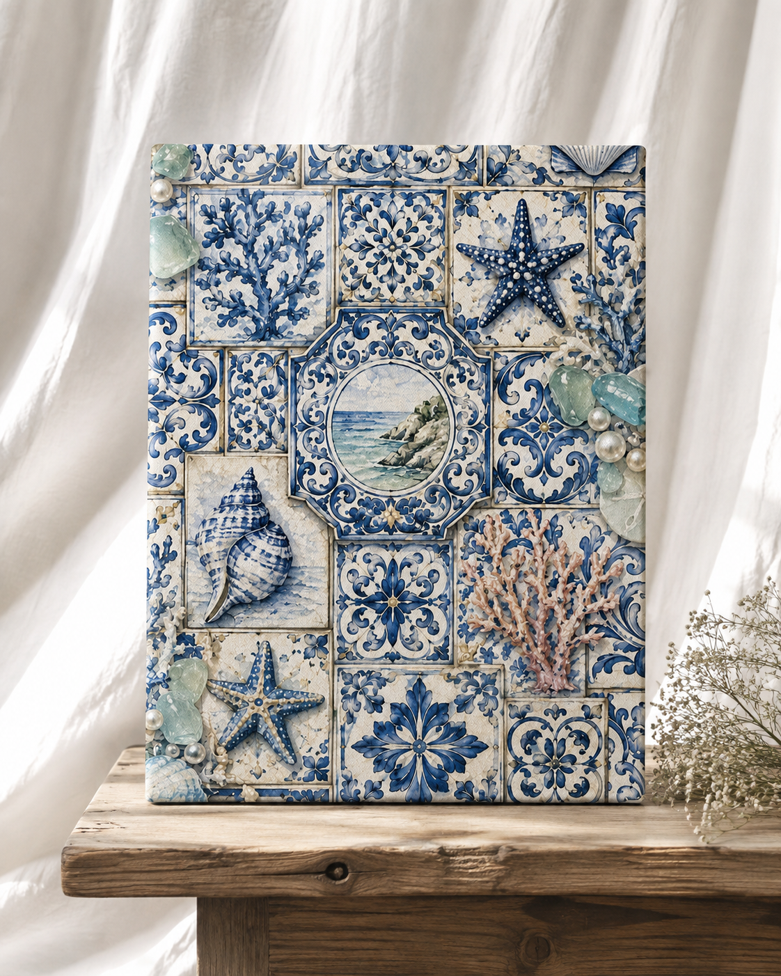 Coastal Blue Tile Seashell Canvas Wall Art | Mediterranean Nautical Decor | Stretched Canvas Print