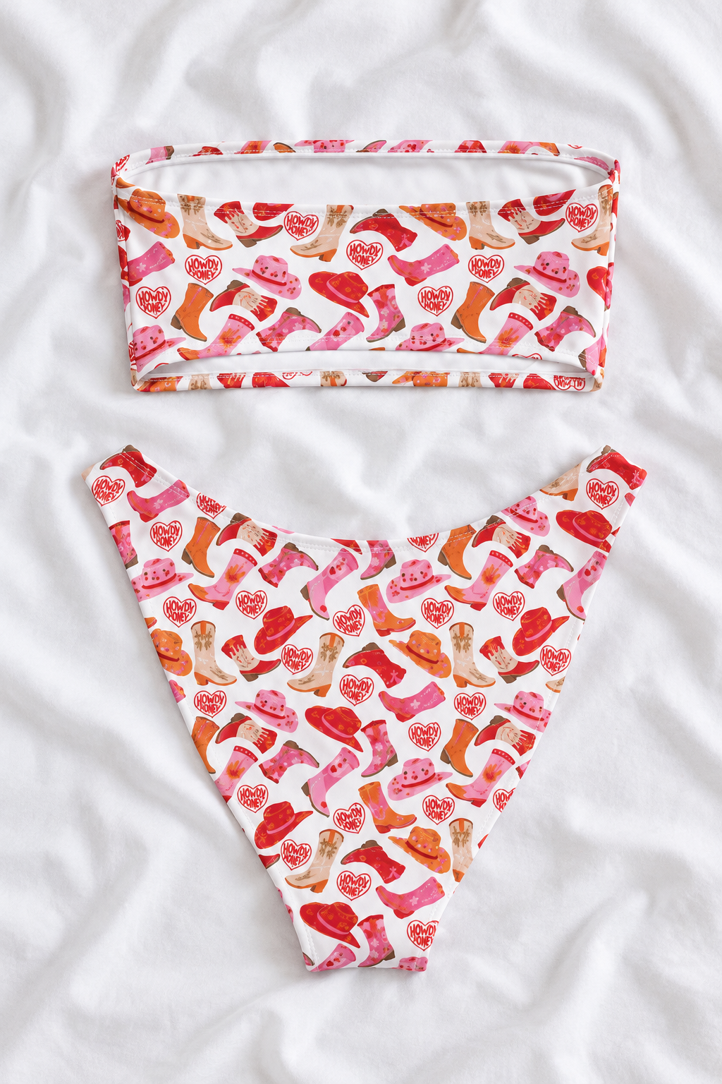 Howdy Honey Cowgirl Bandeau Bikini Set | Pink Western Print V-Cut Bikini Bottoms | Two-Piece Swimsuit