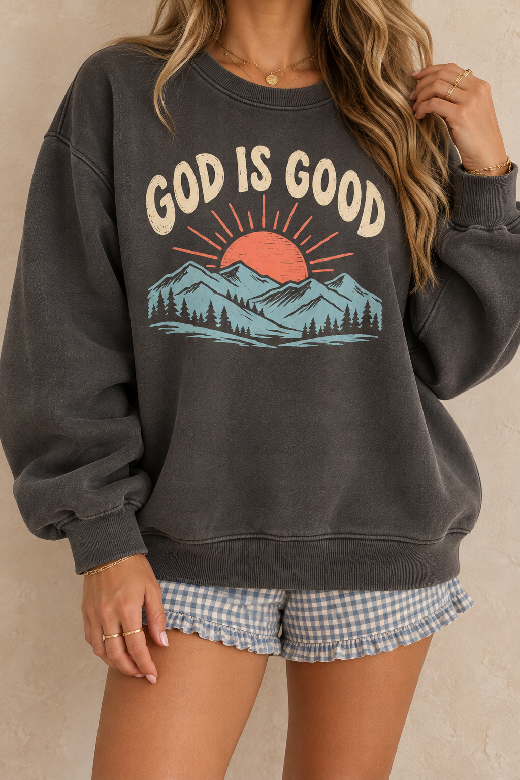 God Is Good Mountain Sunset Sweatshirt – Vintage Wash Christian Fleece Crewneck