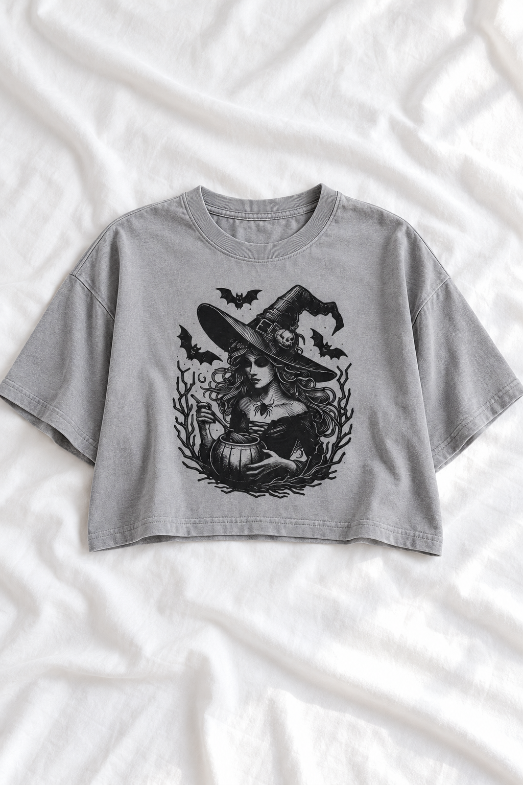 Vintage Witch Snow Washed Raw Edge Halloween Crop Top