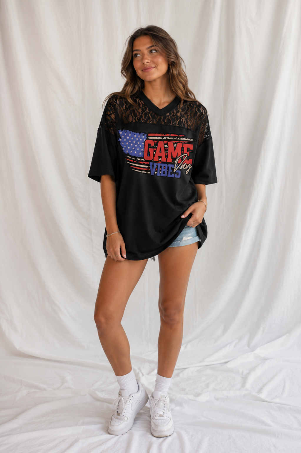 Game Day Vibes Lace Jersey Tee | Women's Football Game Day Shirt