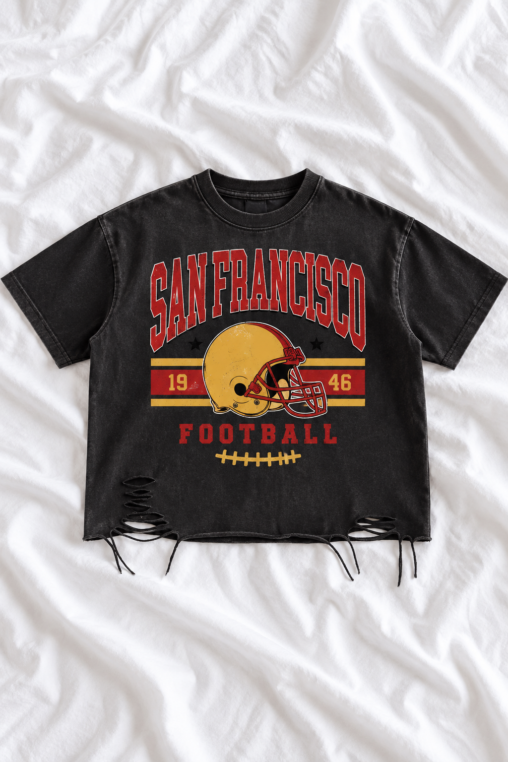 Vintage San Francisco Football Distressed T-Shirt | Snow Washed Raw Hem Graphic Tee | Red & Gold Game Day Shirt