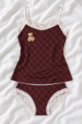 Burgundy Plaid Teddy Bear Lace Trim Cami Pajama Set