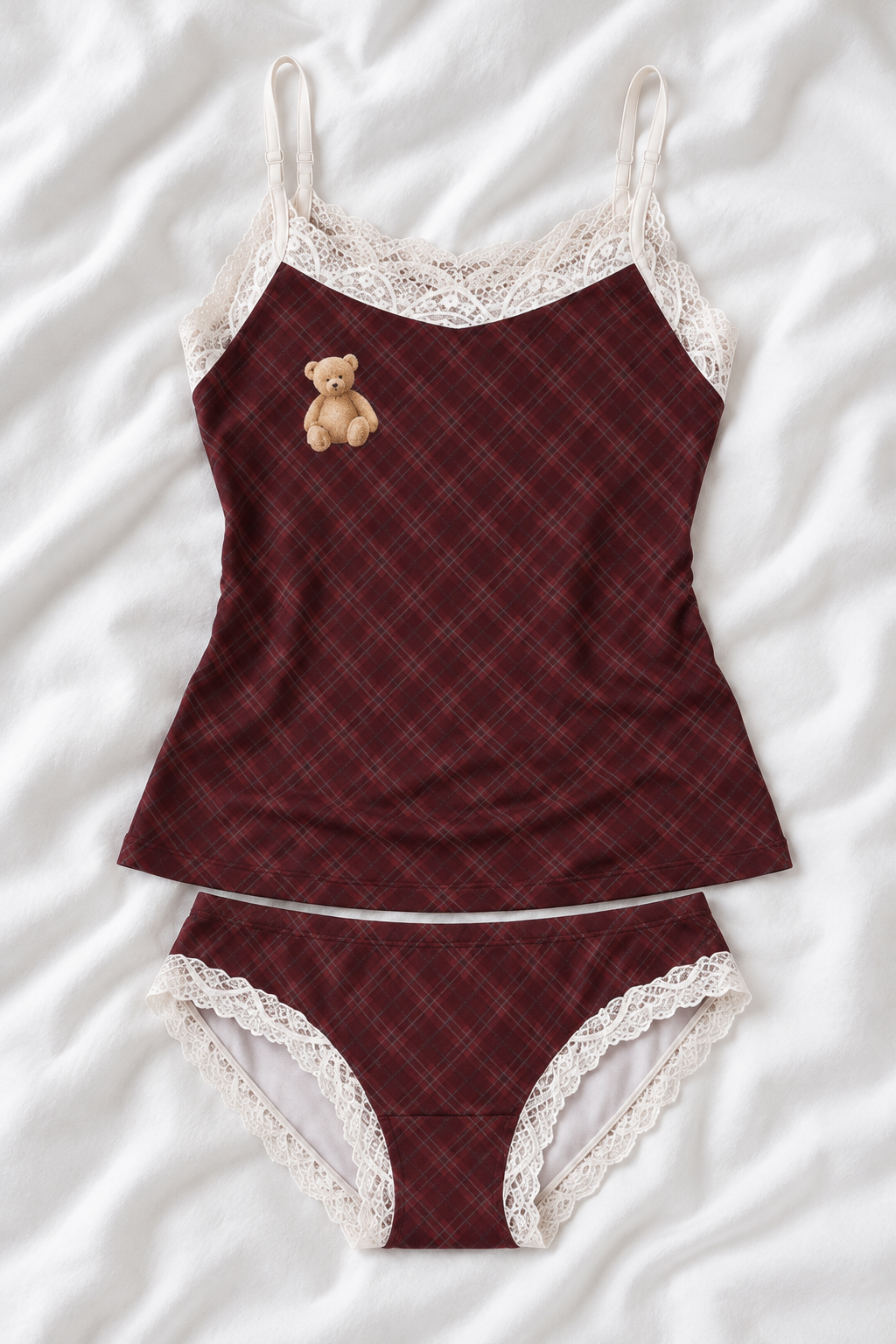 Burgundy Plaid Teddy Bear Lace Trim Cami Pajama Set