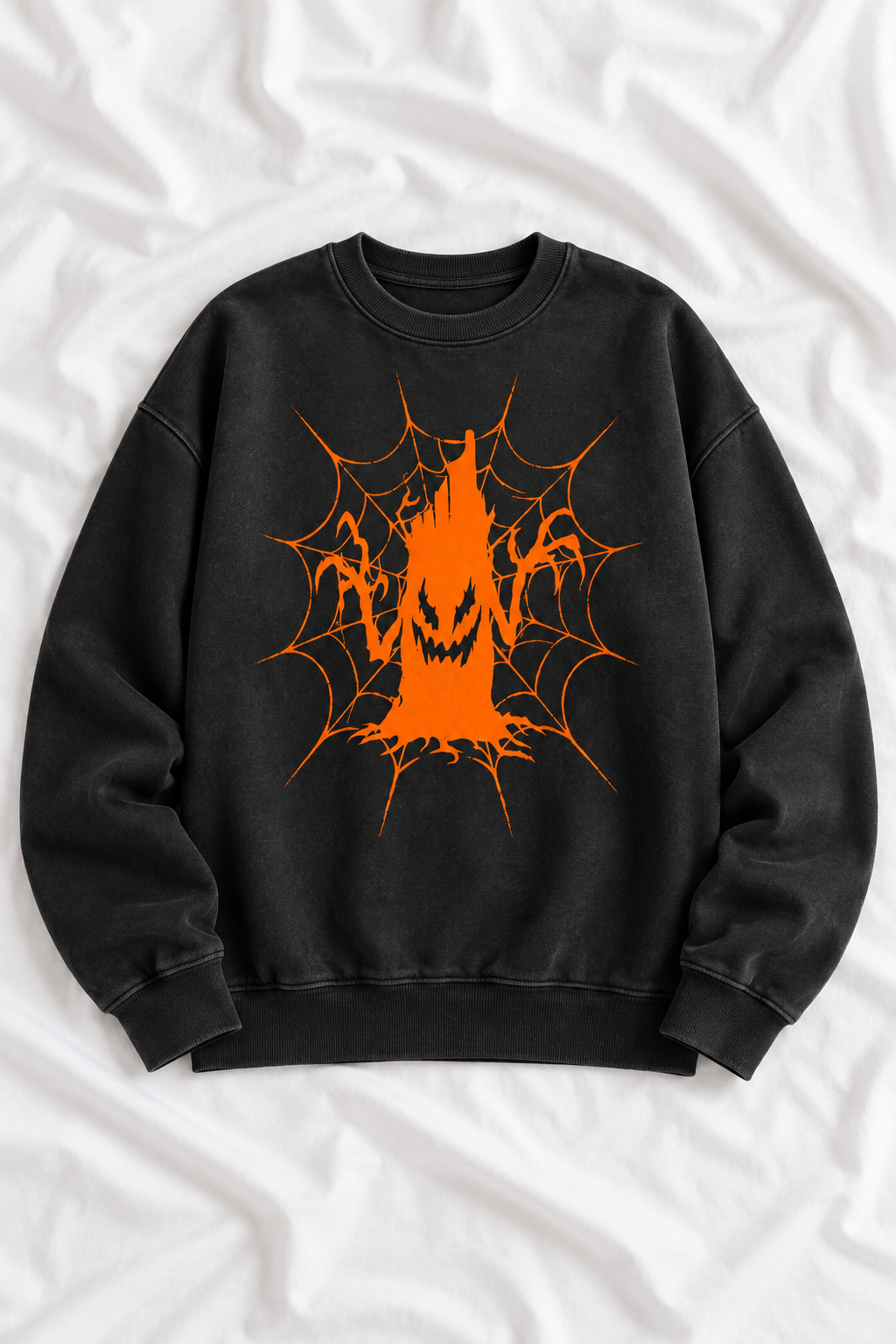 Vintage Wash Orange Spiderweb Monster Graphic Unisex Crewneck Sweatshirt