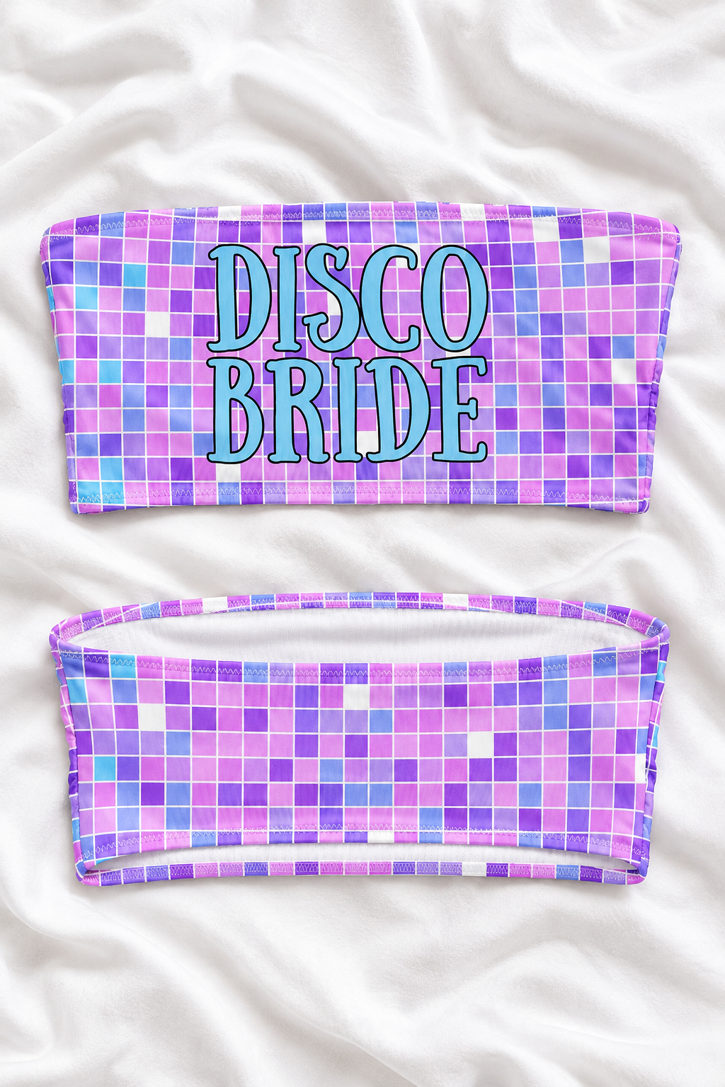 Disco Bride Purple Pink Checkered Bandeau Bikini Top | Bachelorette Swimwear