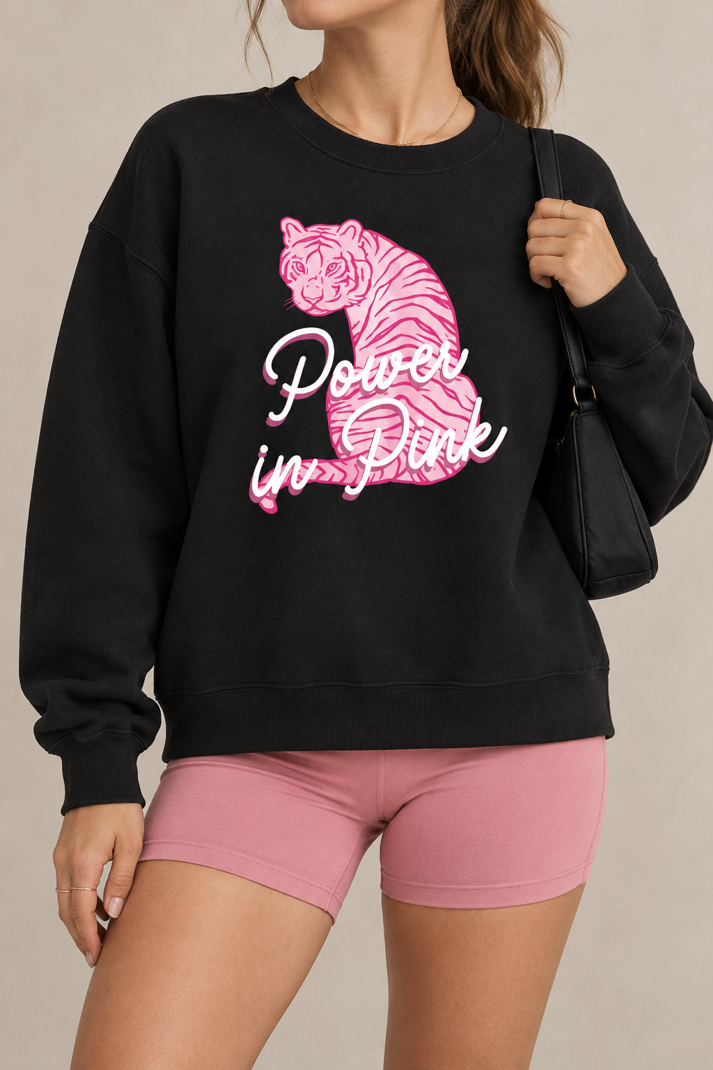 Power in Pink Tiger Fleece Side Slit Crewneck Sweatshirt – Pink Tiger Graphic Sweatshirt