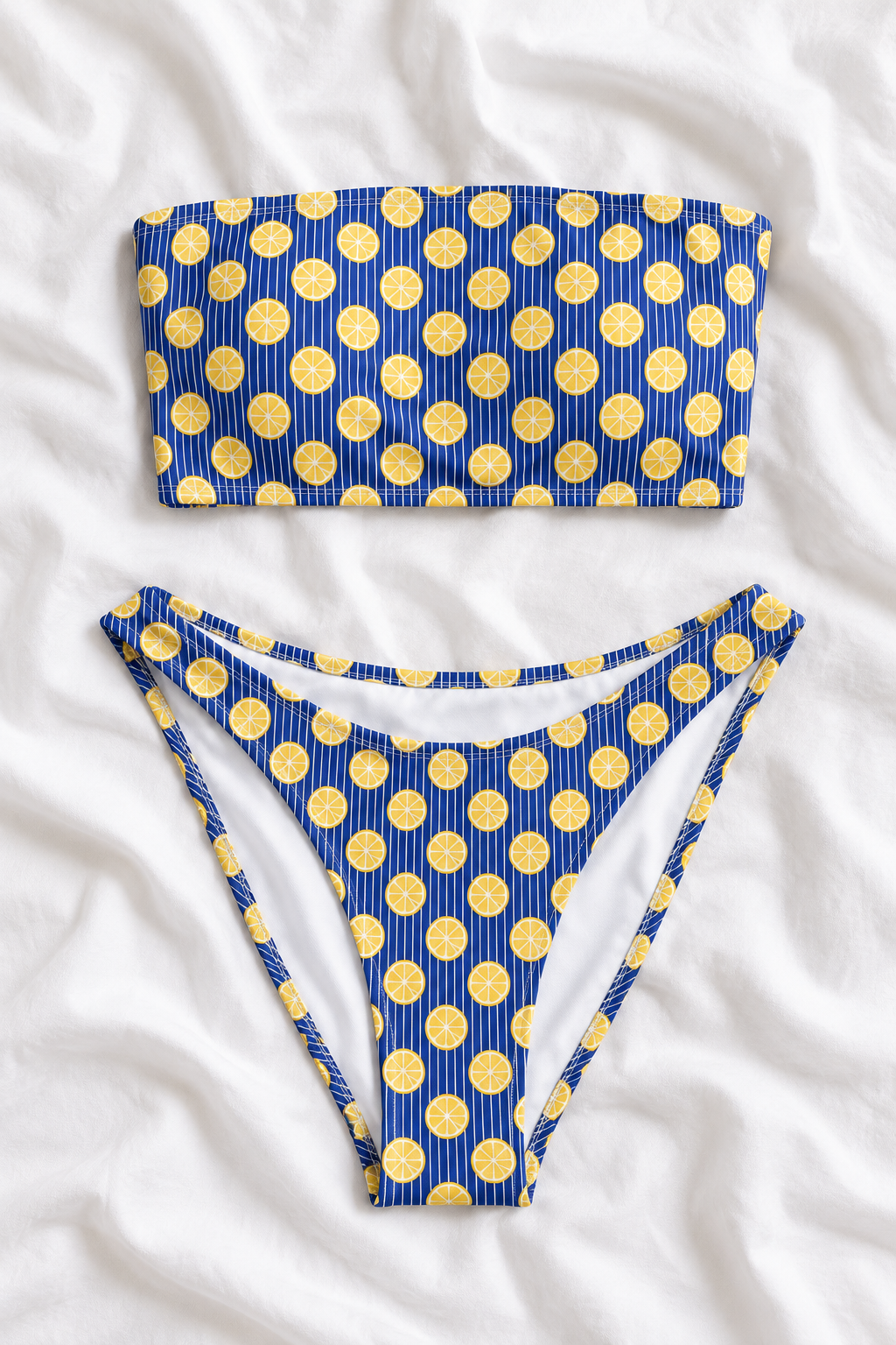 Amalfi Lemon Bandeau Bikini Set | Blue Striped Citrus Print Swimsuit | V-Cut Bikini Bottoms | Italian Summer Swimwear