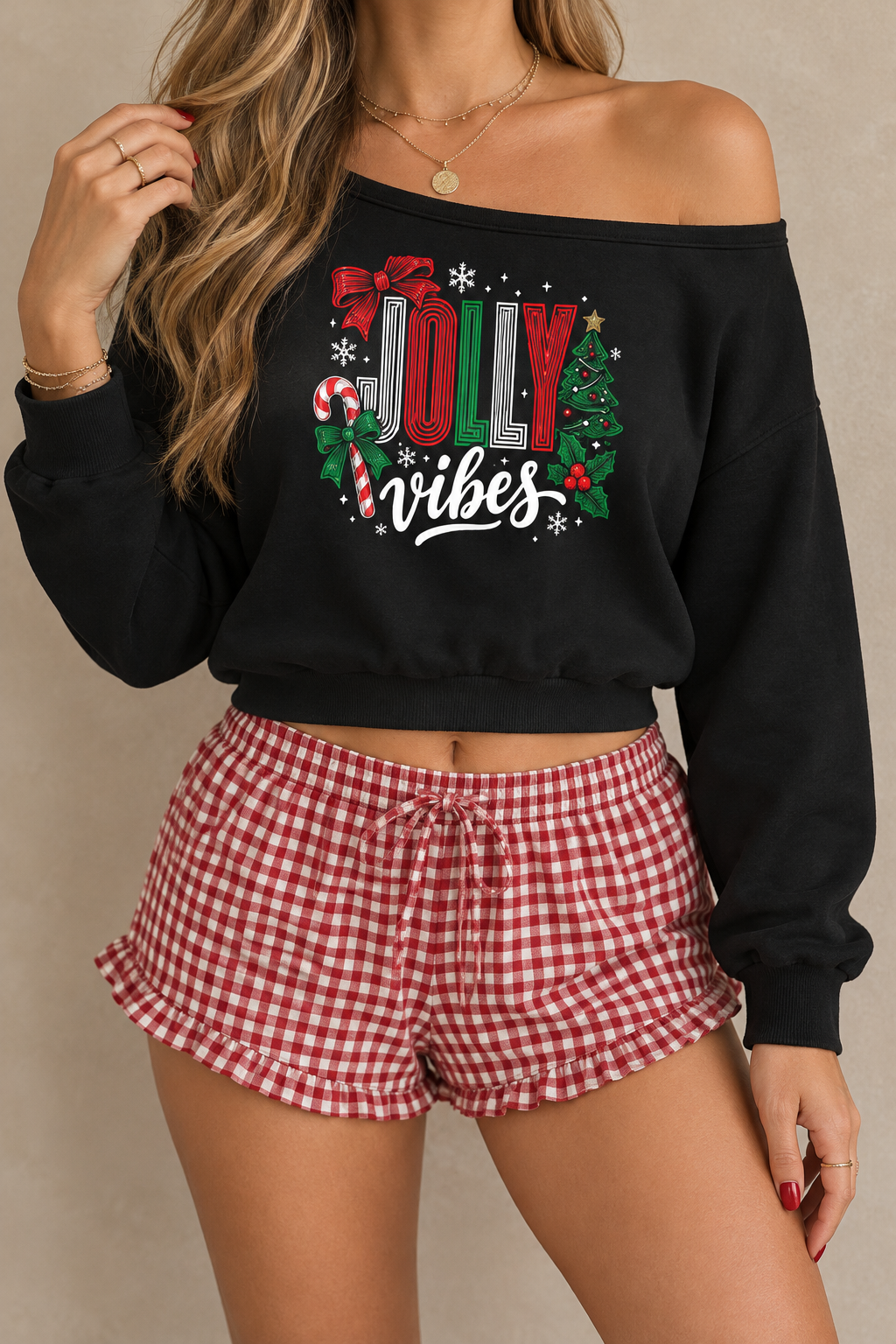 Jolly Vibes Christmas Off-Shoulder Sweatshirt – Cute Holiday Graphic Pullover