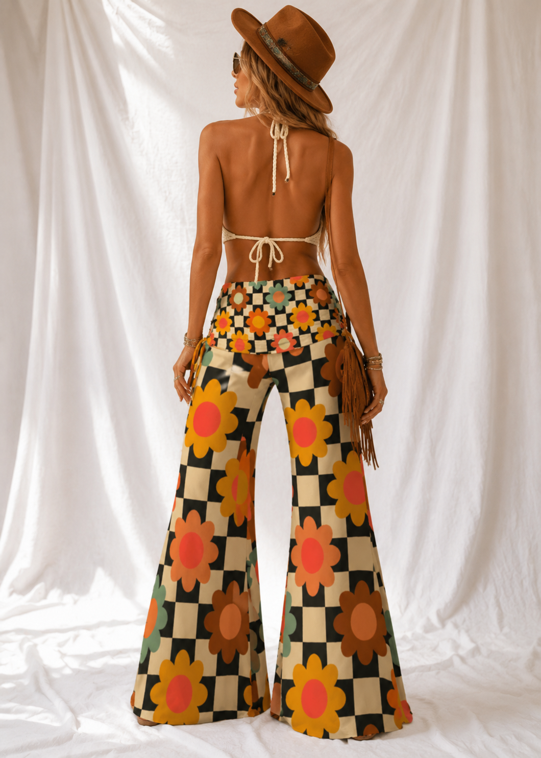 Retro Checker Floral Wide Leg Pants | Women's Groovy 70s Lounge Pants
