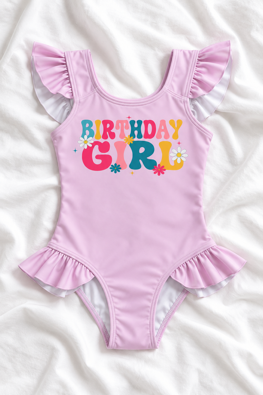 Birthday Girl Flower Child Ruffle Swimsuit – Kids Floral Birthday One Piece Swimwear