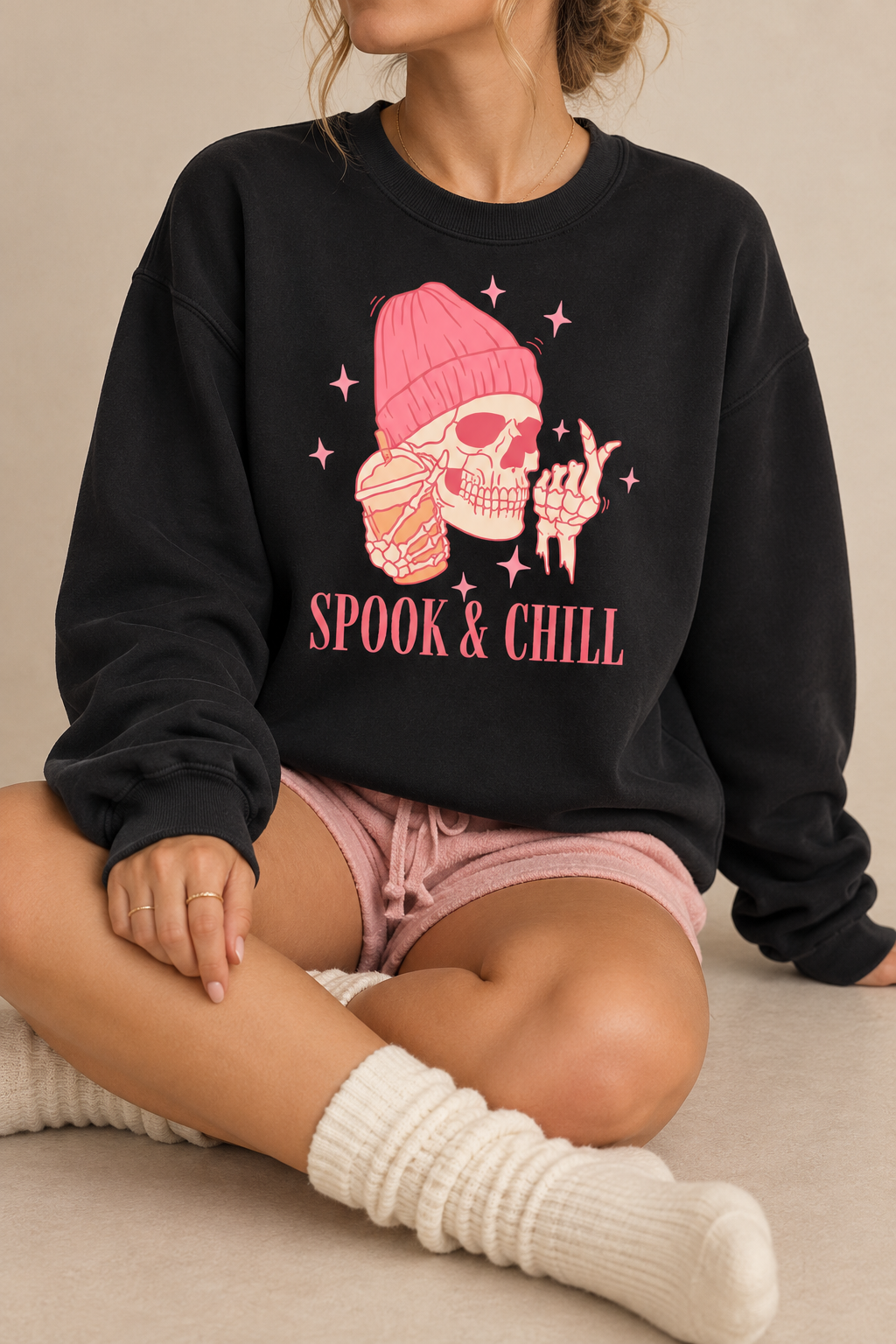 Spook & Chill Skeleton Sweatshirt – Unisex Pink Halloween Graphic Crewneck