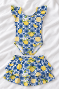 Lemon Tile Girls’ Ruffle Swimsuit & Skirt Set – Kids Mediterranean Summer Swimwear