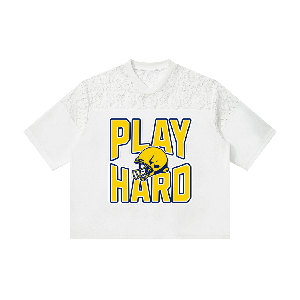 Play Hard Lace Jersey Tee | Women's Yellow & Blue Game Day Football Shirt
