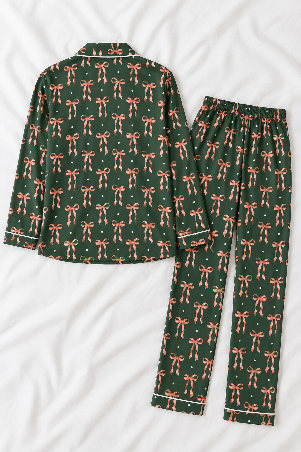 Women's Forest Green & Pink Bow Silky Long Sleeve Pajama Set