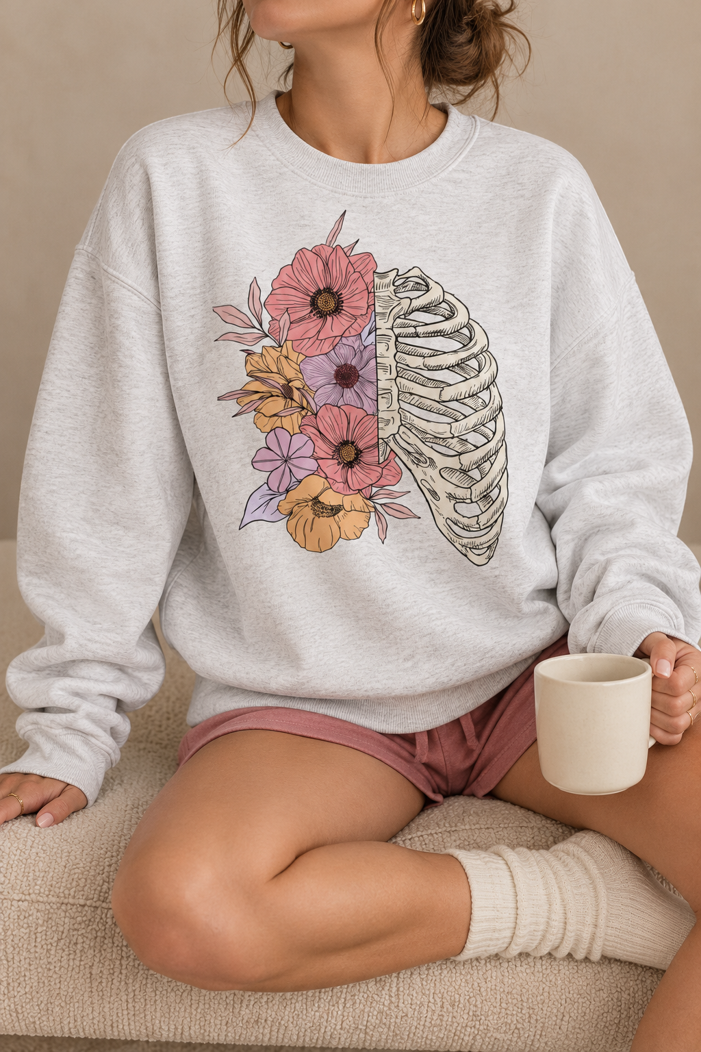 Floral Rib Cage Sweatshirt – Unisex Botanical Skeleton Graphic Crewneck