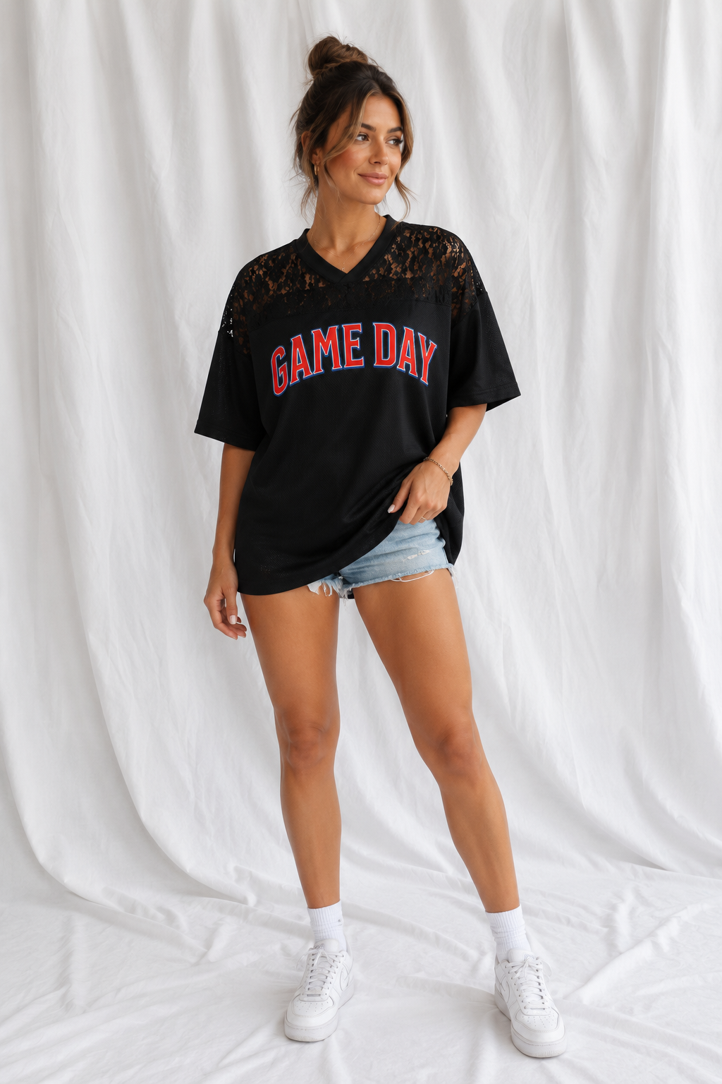 Game Day Lace Jersey Tee | Women's Blue & Red Football Game Day Shirt