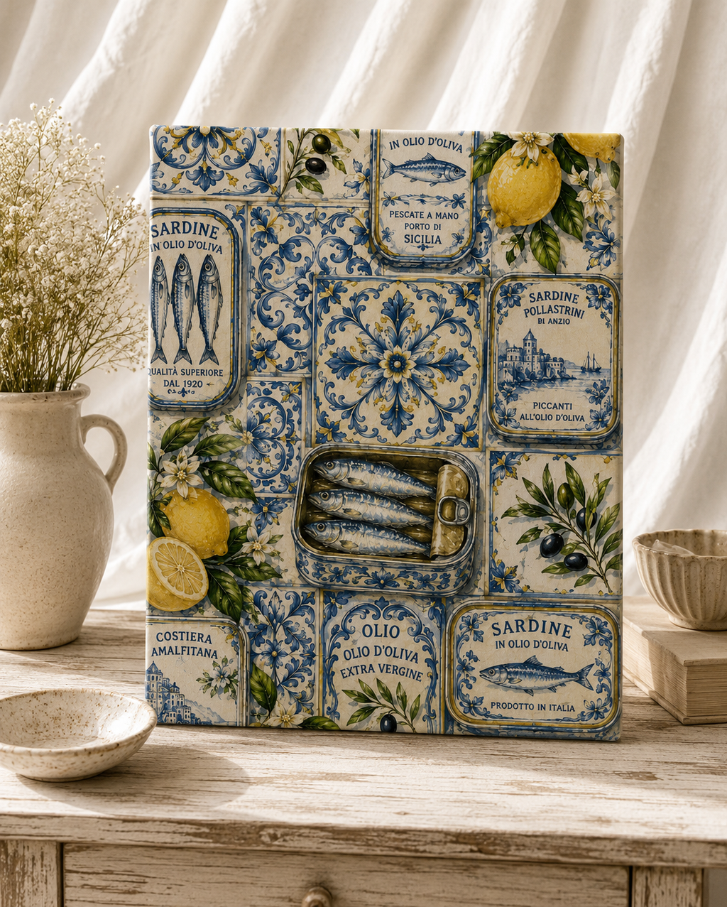 Mediterranean Sardine Canvas Wall Art | Blue Tile Kitchen Decor | Stretched Canvas Print