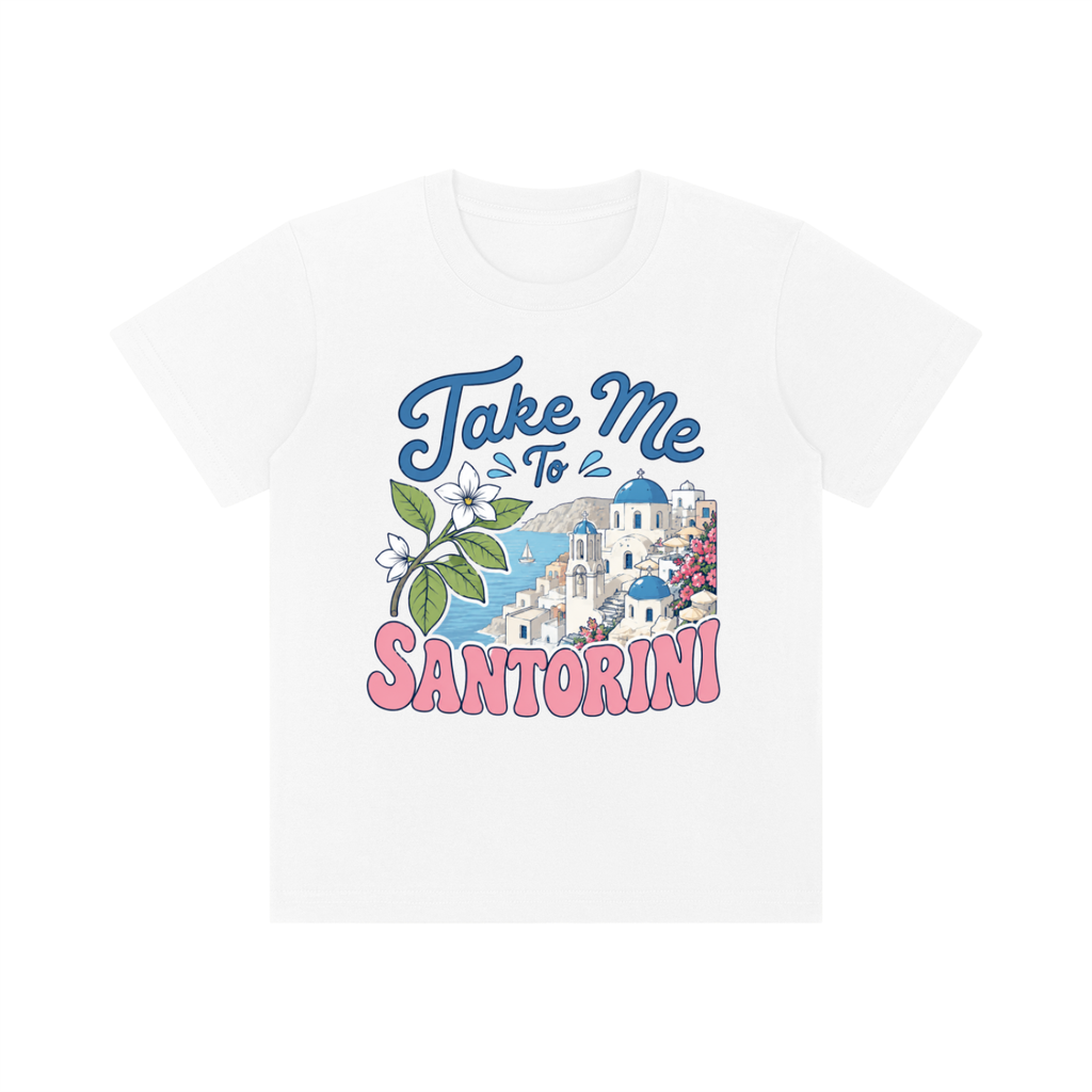 Take Me to Santorini Kids Cotton Tee | Cute Travel Graphic T-Shirt for Toddlers & Youth