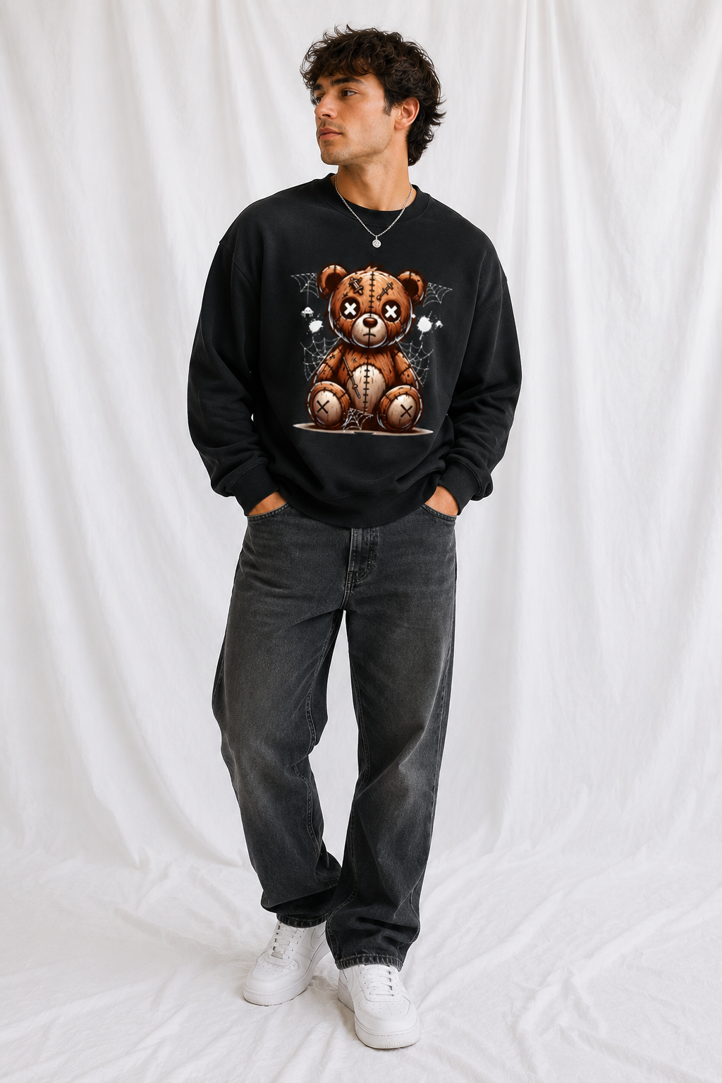 Vintage Wash Stitched Teddy Bear Graphic Unisex Crewneck Sweatshirt