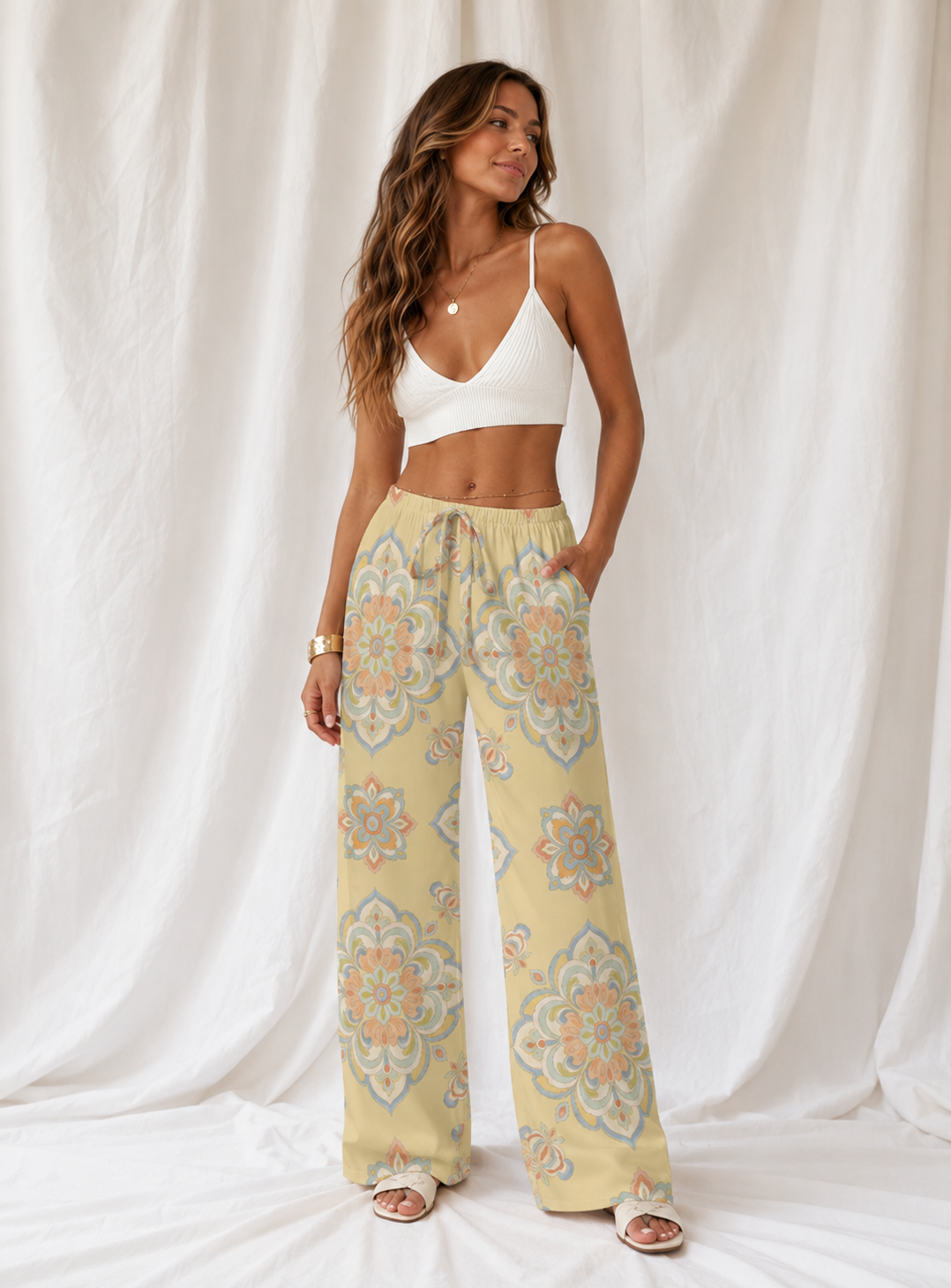 Boho Medallion Relaxed Straight-Leg Pants | Women's Lightweight Beach Lounge Pants