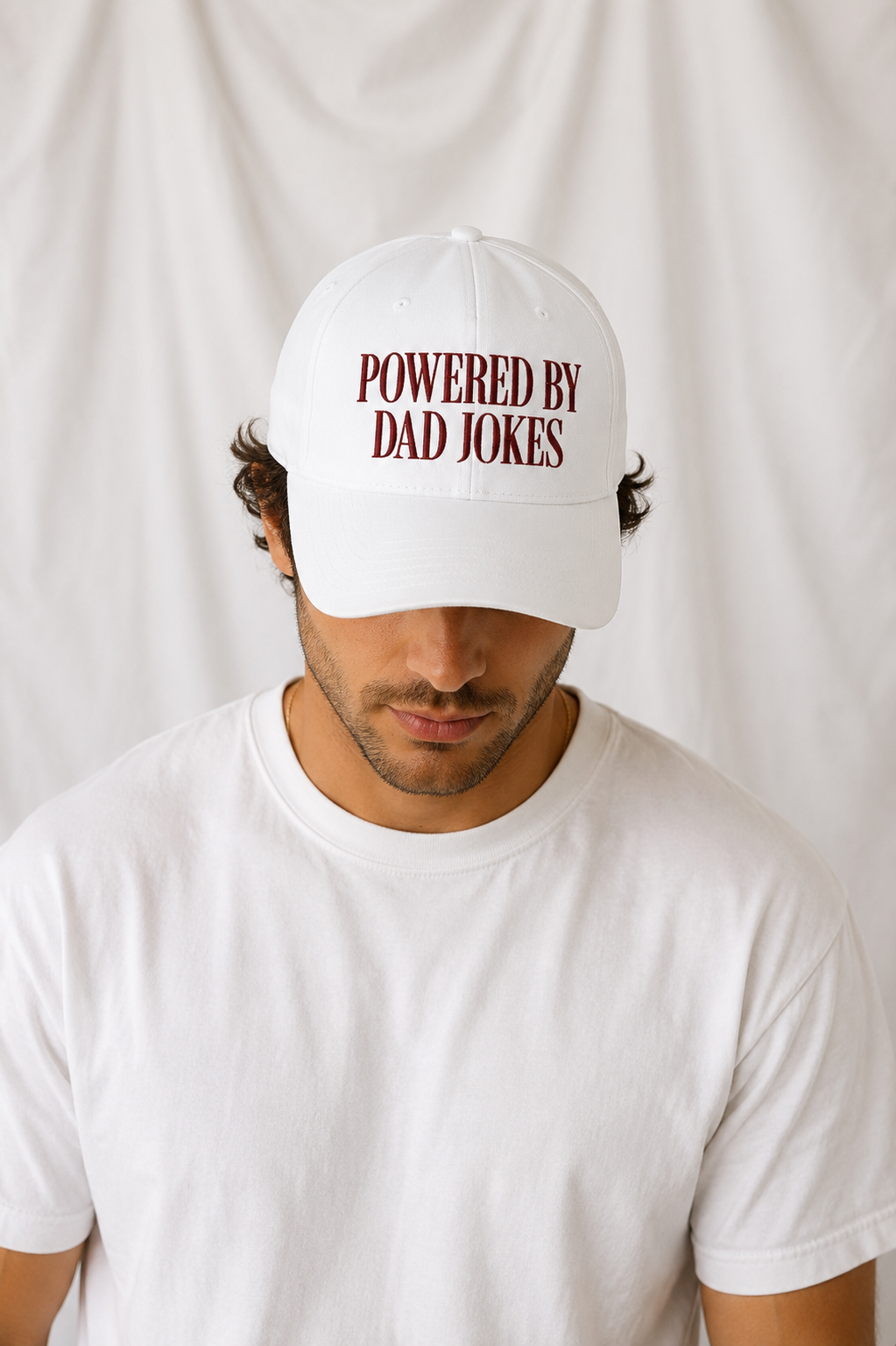 Powered by Dad Jokes Embroidered 5-Panel Cap | Adjustable Mid-Profile Snapback Hat