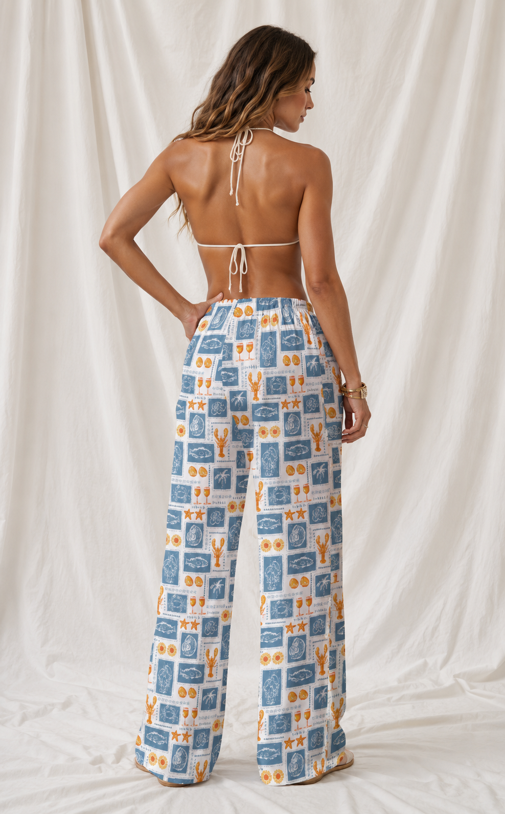 Coastal Lobster Stamp Relaxed Straight-Leg Pants | Women's Lightweight Beach Lounge Pants