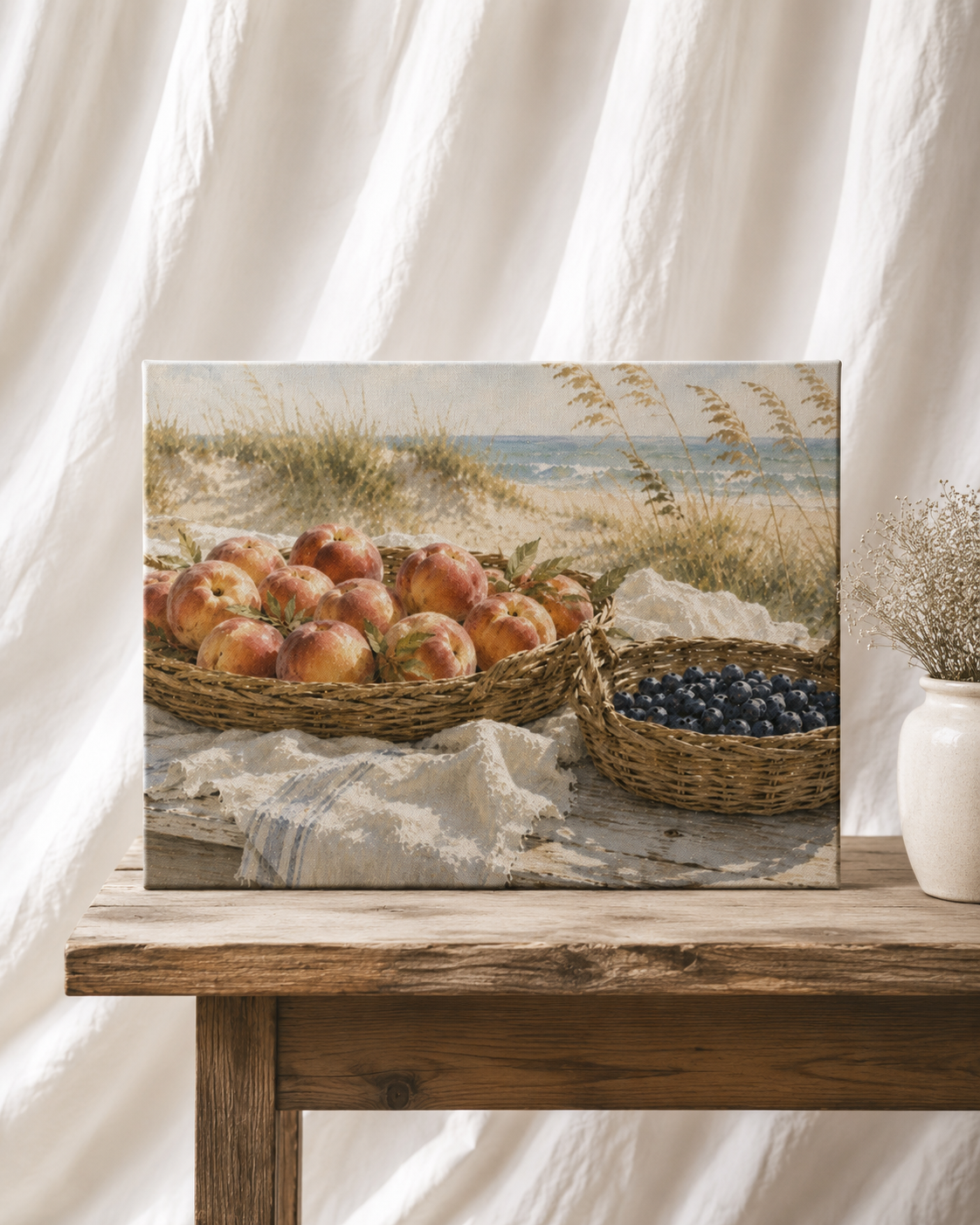 Coastal Peach & Blueberry Canvas Wall Art | Beach Cottage Fruit Still Life | Stretched Canvas Print
