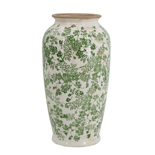 7.7x7.7x14.6' White Ceramic Flower Vase with Green Floral Pattern