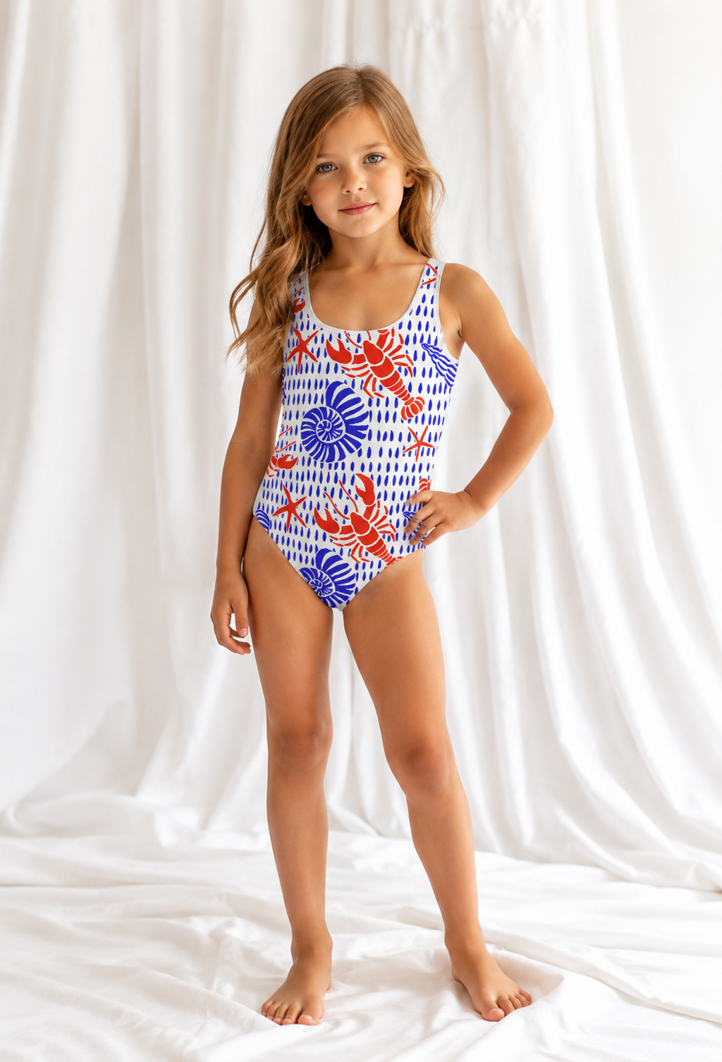 Little Kids Lobster & Seashell One Piece Swimsuit | Coastal Beach Bathing Suit