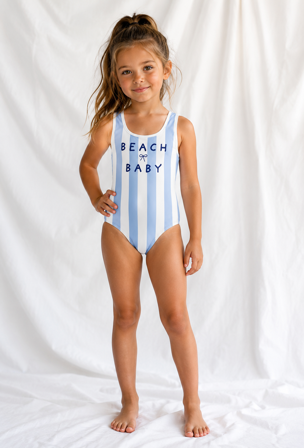 Little Kids Beach Baby Blue Stripe One Piece Swimsuit | Coastal Summer Bathing Suit