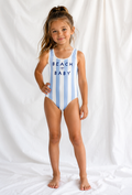 Little Kids Beach Baby Blue Stripe One Piece Swimsuit | Coastal Summer Bathing Suit