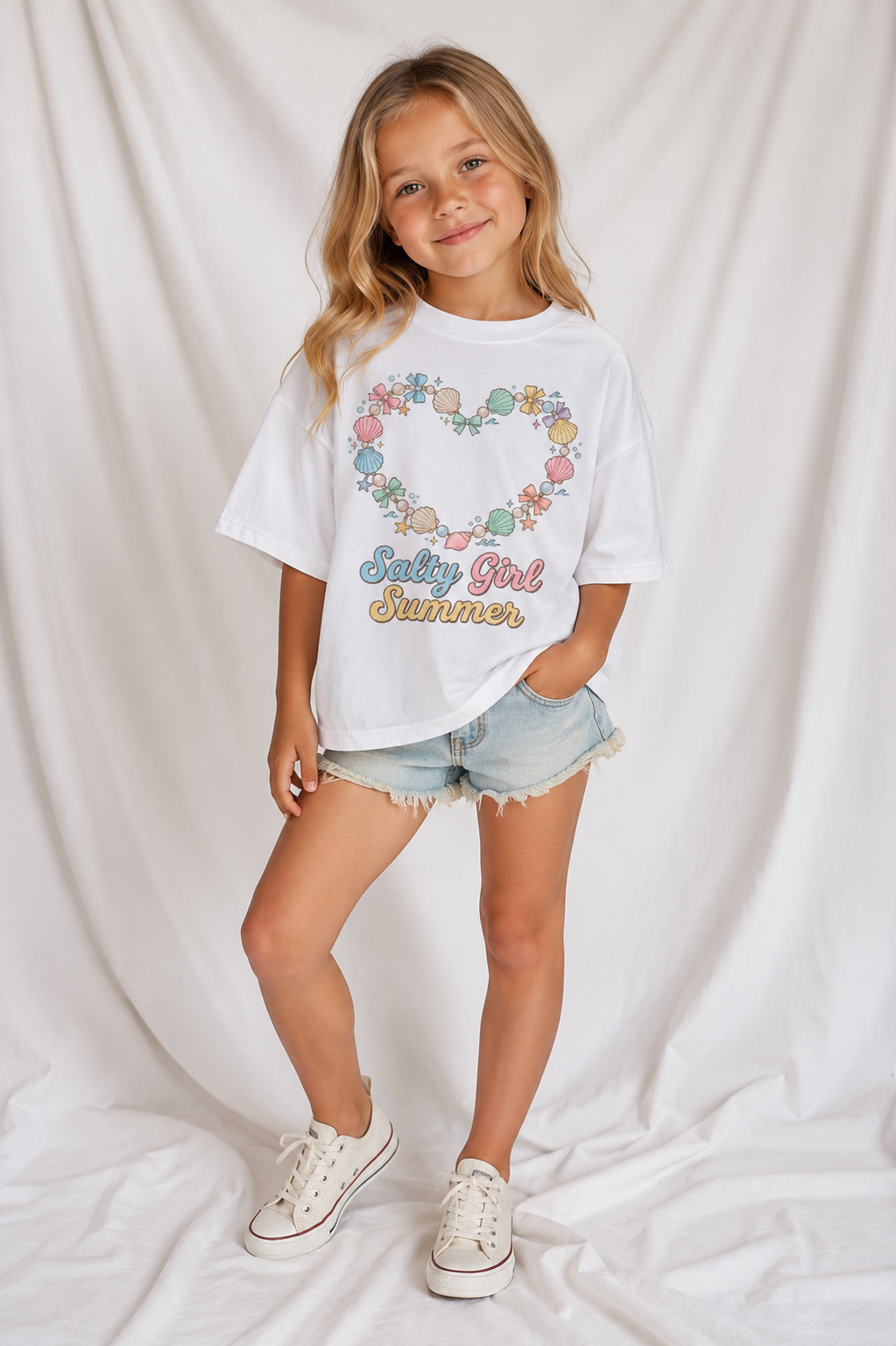 Youth T-Shirt — "Salty Girl Summer" Pastel Seashell Heart Tee