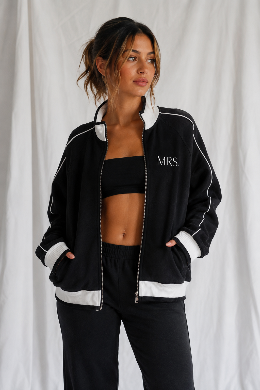 Mrs. Black Track Jacket – Oversized Bridal Zip-Up