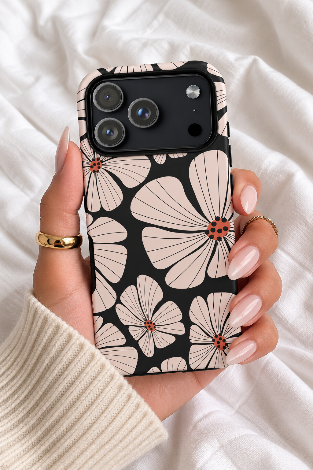 Blush Pink Floral iPhone Case – Black Retro Flower Tough Phone Case