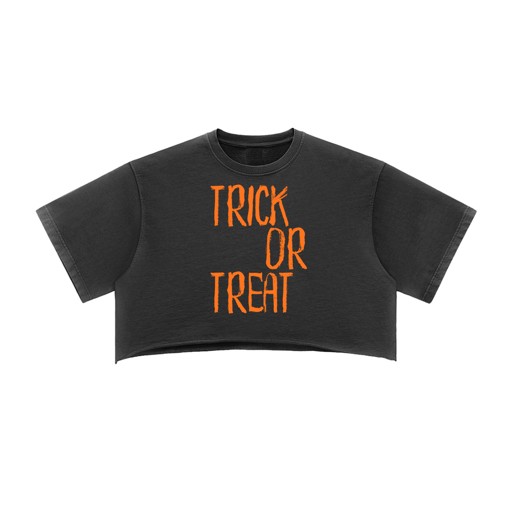 Trick or Treat Snow Washed Raw Edge Halloween Crop Top
