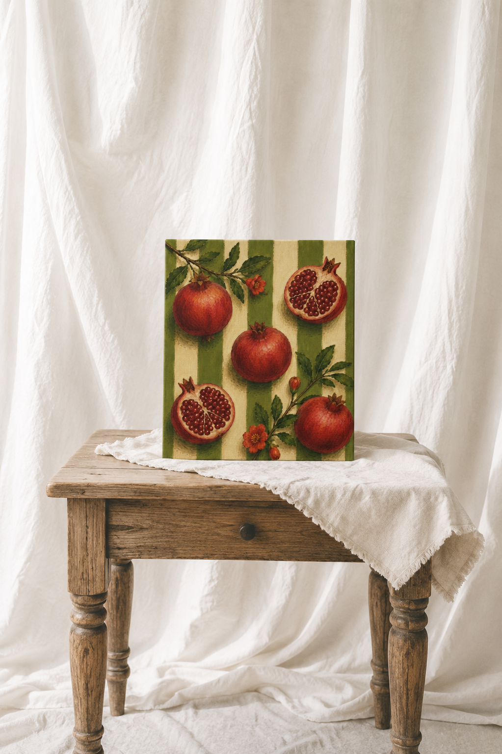 Vintage Pomegranate Canvas Wall Art, French Country Kitchen Decor, Botanical Fruit Artwork, Farmhouse Cottagecore Stretched Canvas