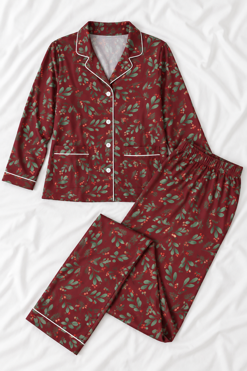 Women's Red Christmas Holly Berry Silky Long Sleeve Pajama Set