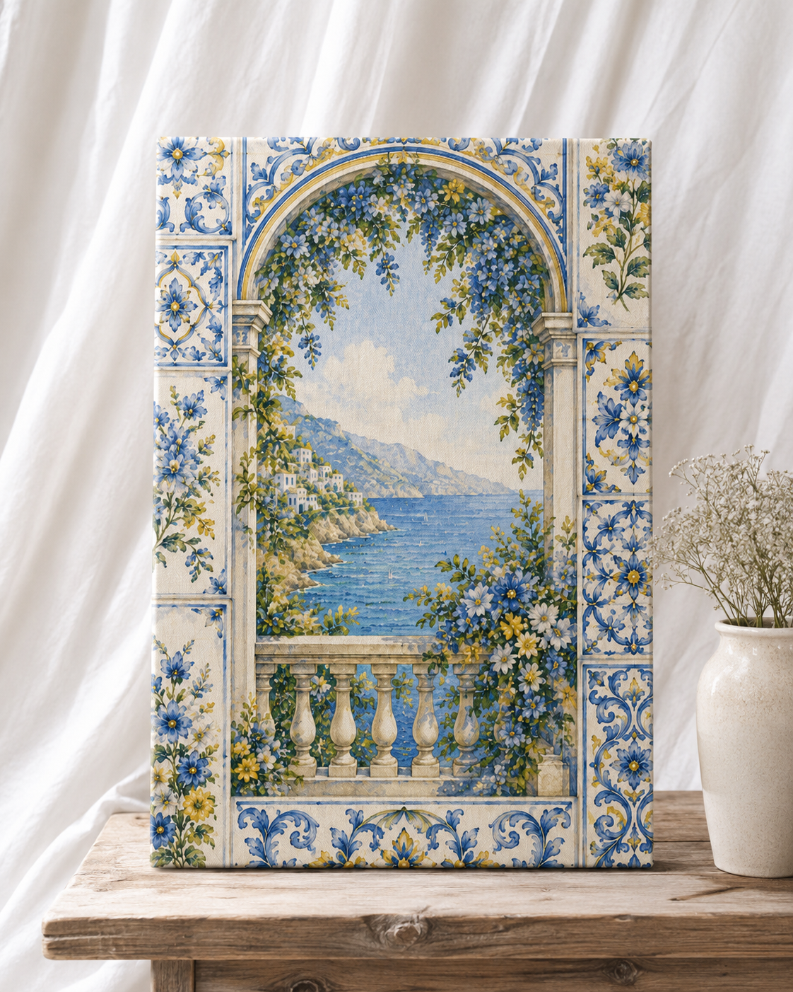 Amalfi Blue Floral Arch Canvas Wall Art | Mediterranean Coastal Landscape | Stretched Canvas Print