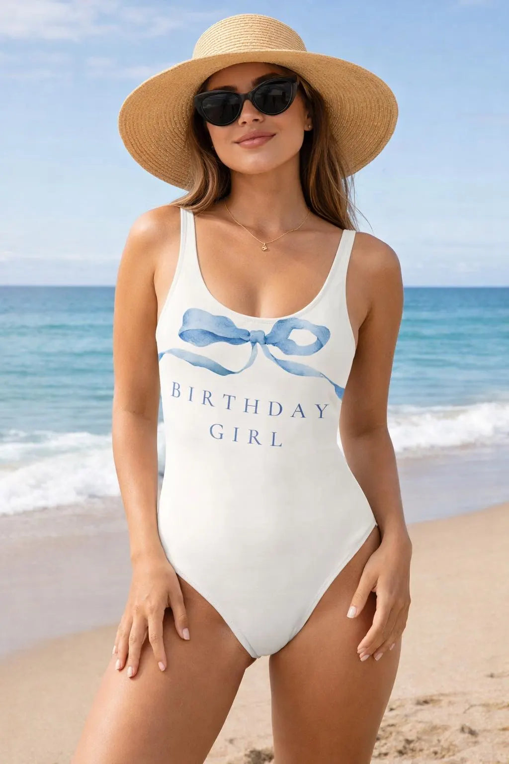 Birthday Girl Blue Bow One Piece Swimsuit – Beach Swimwear